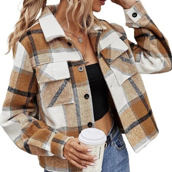 Jackets & Blazers - Cropped Flannel Shirt Plaid Shacket